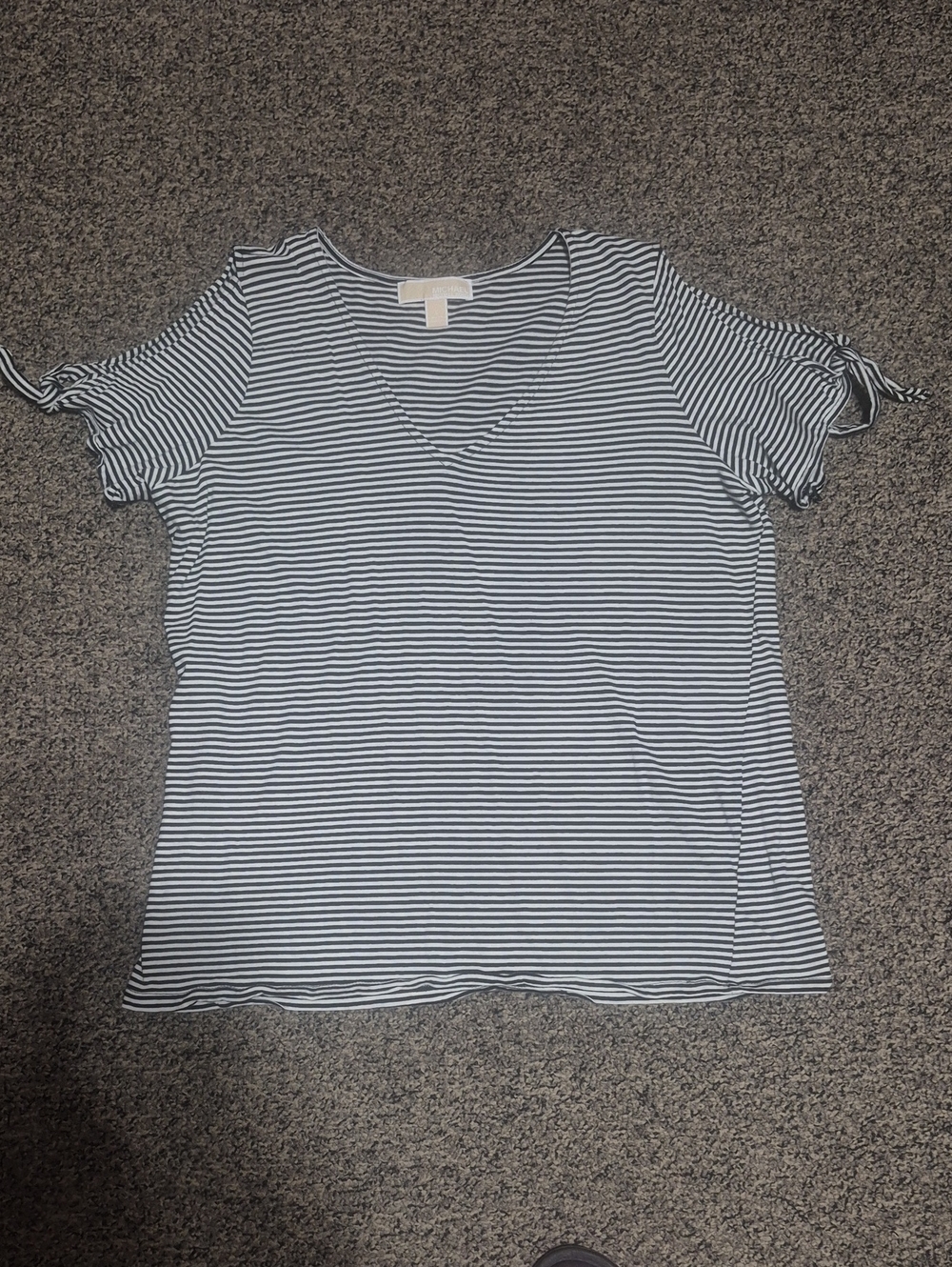 Michael Kors Black and White Striped V-Neck Open Shoulder Tee with Sleeve Ties